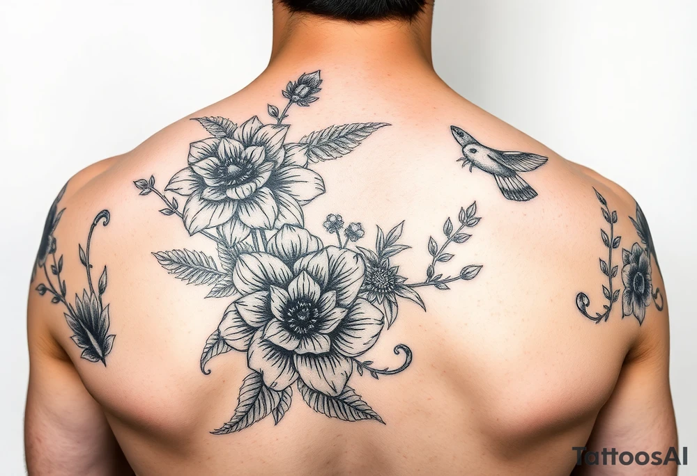 Beautiful wild flowers including wild animals and creatures for a leg sleeve tattoo idea