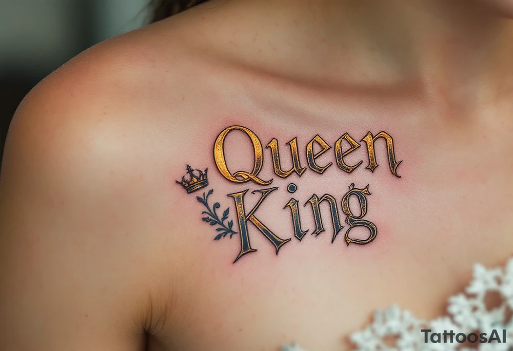 A vintage mirror reflecting the word "Queen" in gold and "King" in black gothic lettering. tattoo idea
