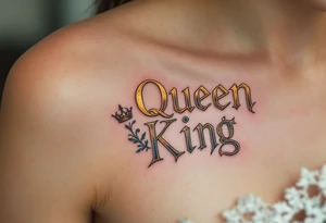 A vintage mirror reflecting the word "Queen" in gold and "King" in black gothic lettering. tattoo idea