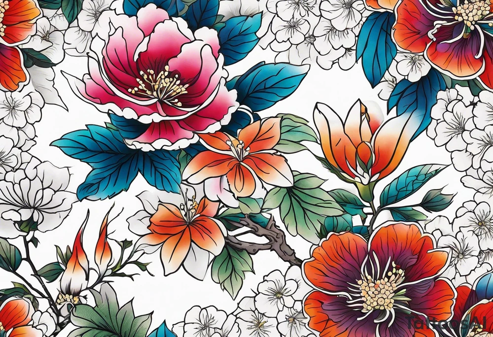 botanical, flowers, colorful, different tattoo idea