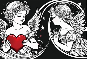 a cherub a heart and the word love tattoo idea