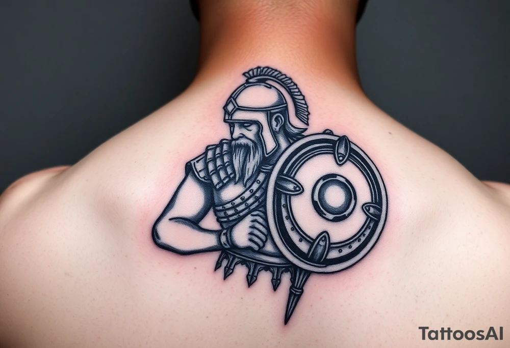a powerful, epic Achilles in armor with a spear and shield, looking prepared for battle tattoo idea