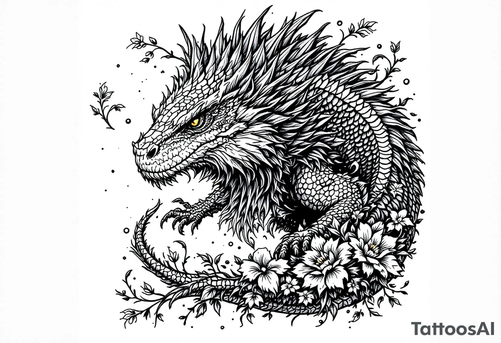 powerful majestic reptile, surrounded by floral ornaments tattoo idea