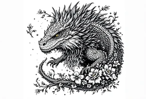 powerful majestic reptile, surrounded by floral ornaments tattoo idea