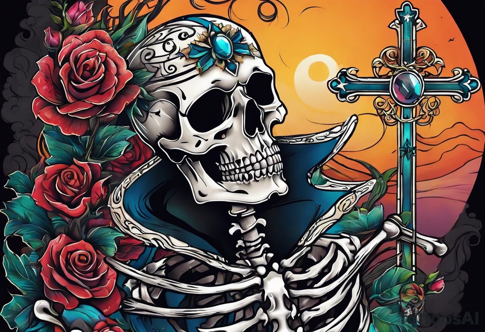 skeleton walking with a cross tattoo idea