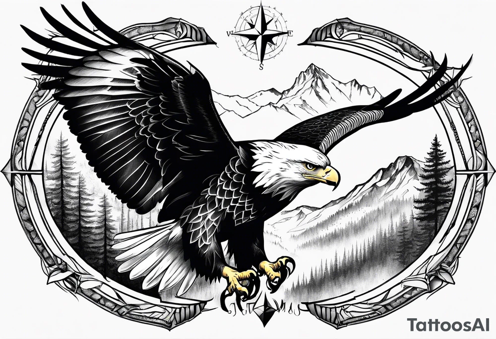 Eagle with forest scenery and compass tattoo idea