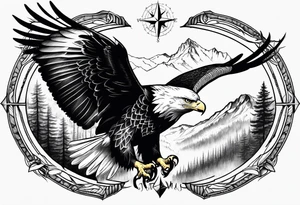 Eagle with forest scenery and compass tattoo idea