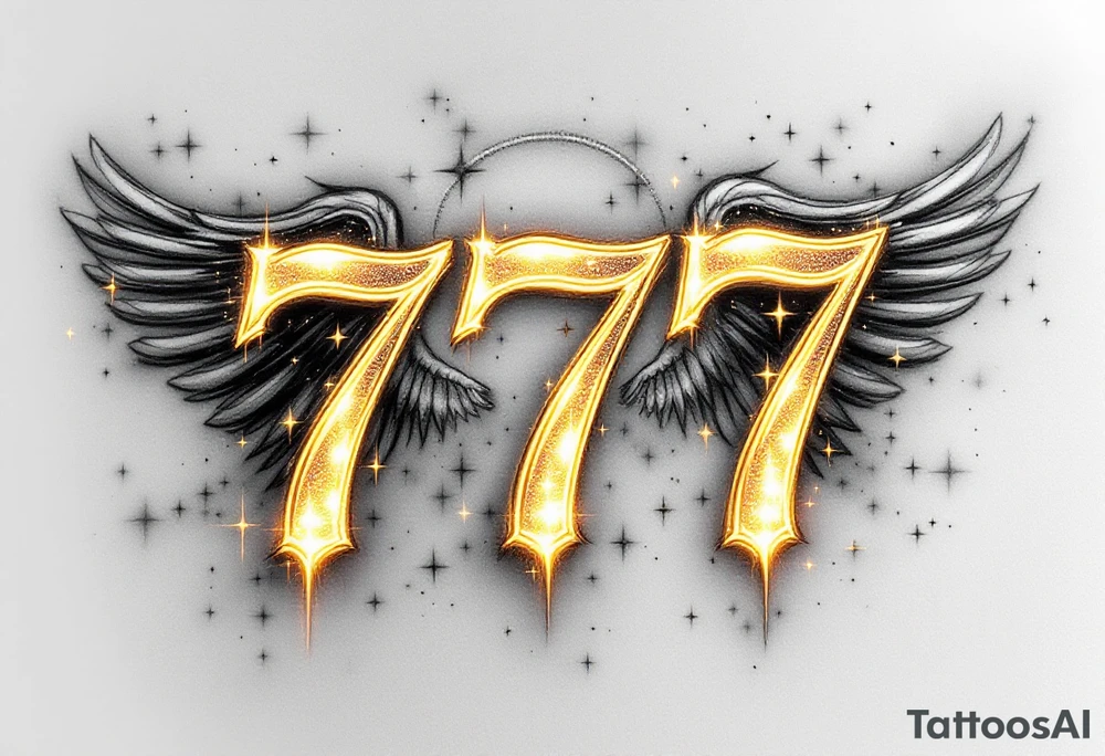 A bold, glowing "777" in a sleek, modern font in gold and silver light. The numbers are surrounded by celestial elements like tiny twinkling stars, a faint halo, and soft angelic wings, symbolizing divine guidance and good fortune. tattoo idea
