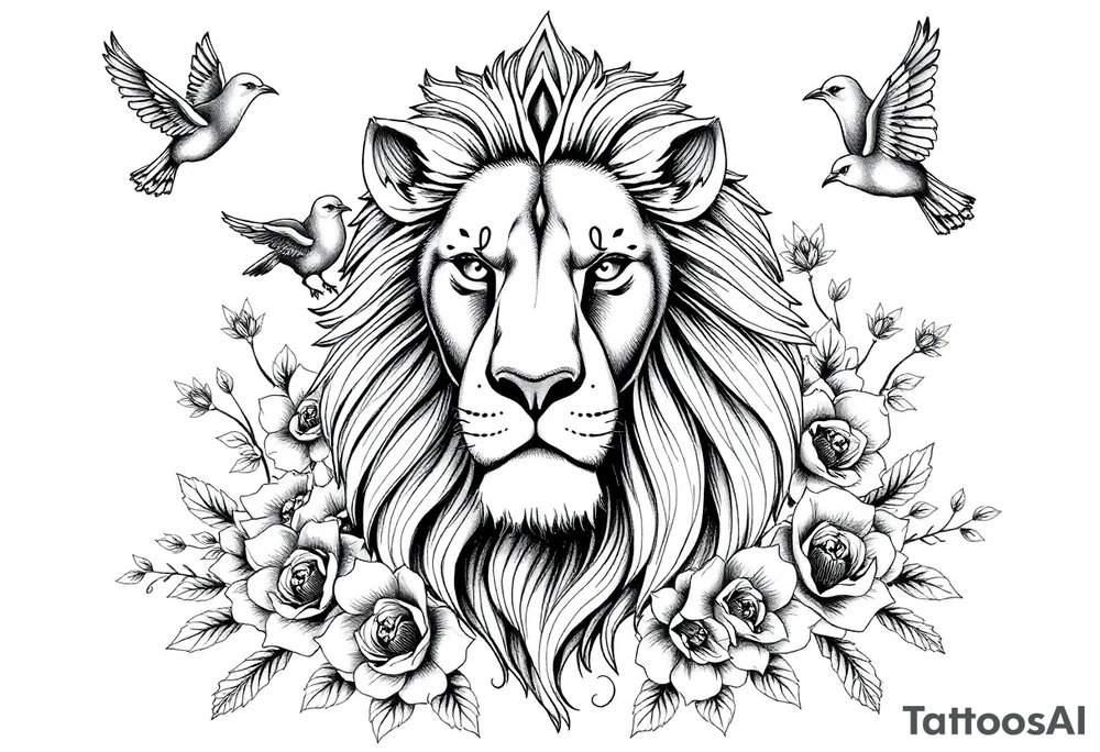 powerful majestic lion with a crown, surrounded by floral ornaments and birds tattoo idea