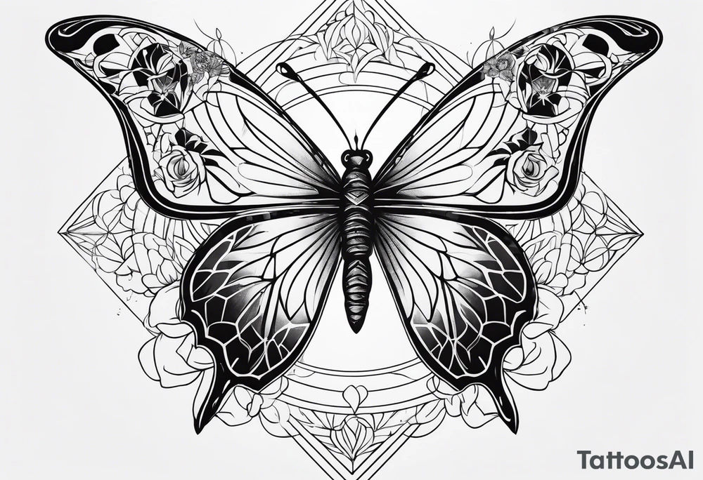 Black and white outline of sacred geometric shapes with fading flower of life and butterfly tattoo idea