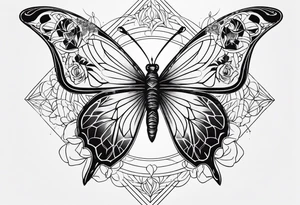 Black and white outline of sacred geometric shapes with fading flower of life and butterfly tattoo idea