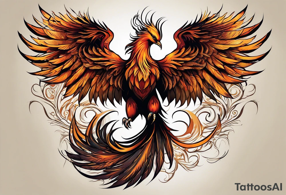 Tattoo: A powerful, majestic phoenix, depicted mid-flight or rising, with wings extended and feathers flowing. Deep shading and intricate details to bring out the texture and motion of the feathers. tattoo idea