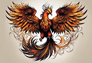 Tattoo: A powerful, majestic phoenix, depicted mid-flight or rising, with wings extended and feathers flowing. Deep shading and intricate details to bring out the texture and motion of the feathers. tattoo idea