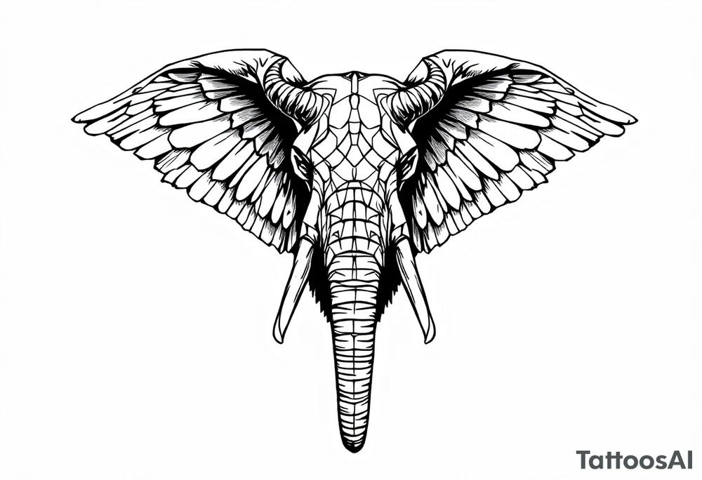 A hieroglyphic, depicting an ancient and gargantuan African elephant with horns protruding from its forehead and wings that resemble that that of a falcons tattoo idea