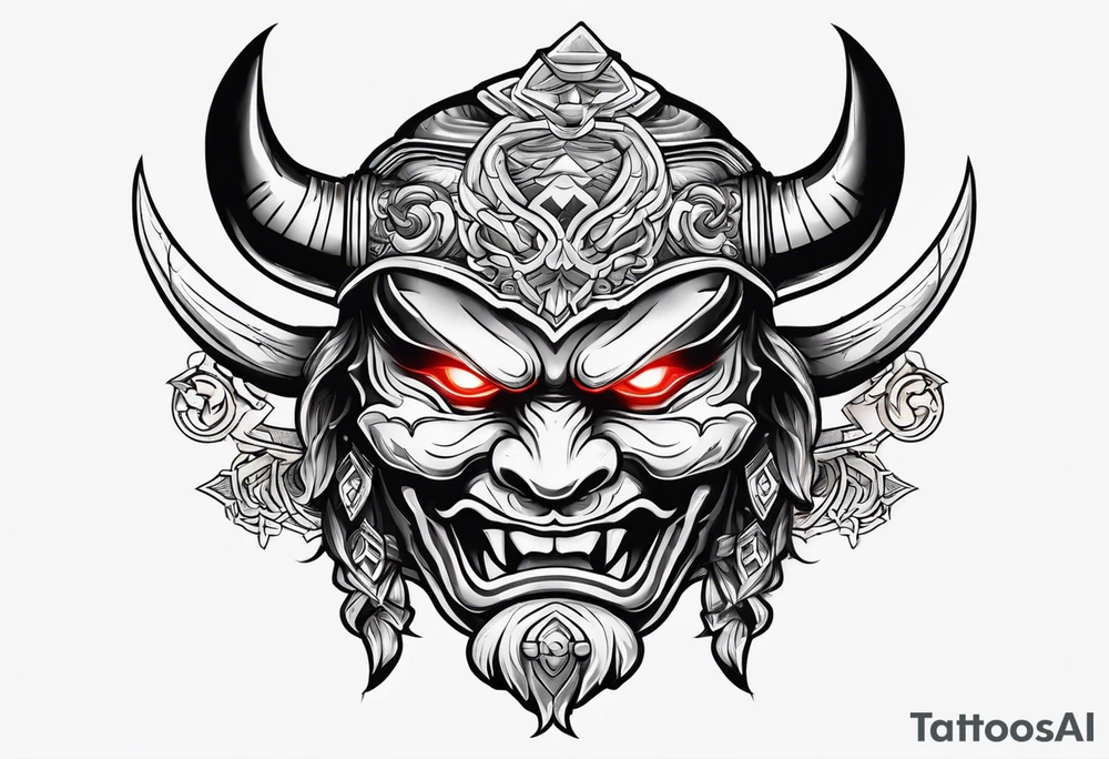 Oni mask with glowing eyes with holding two swords tattoo idea
