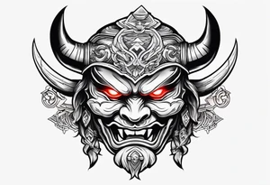 Oni mask with glowing eyes with holding two swords tattoo idea