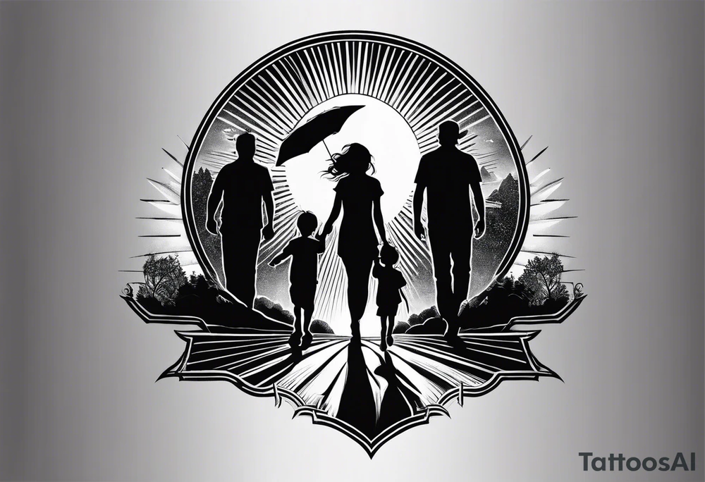 chest and sleeve sun rays with road and dad, daughter and son silhouette tattoo idea