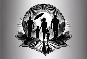 chest and sleeve sun rays with road and dad, daughter and son silhouette tattoo idea