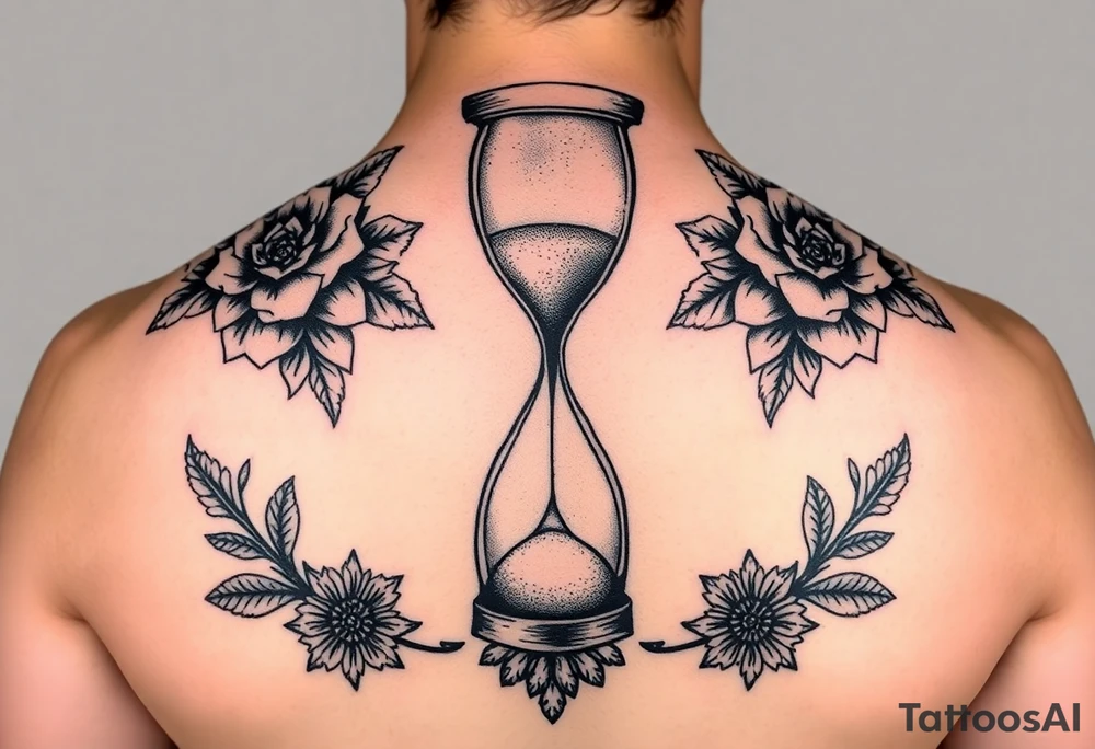 An hourglass with a human skull at the bottom that the sand is pouring into. Include matching florals on each shoulder. Mandala patter at the bottom tattoo idea