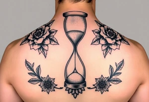 An hourglass with a human skull at the bottom that the sand is pouring into. Include matching florals on each shoulder. Mandala patter at the bottom tattoo idea