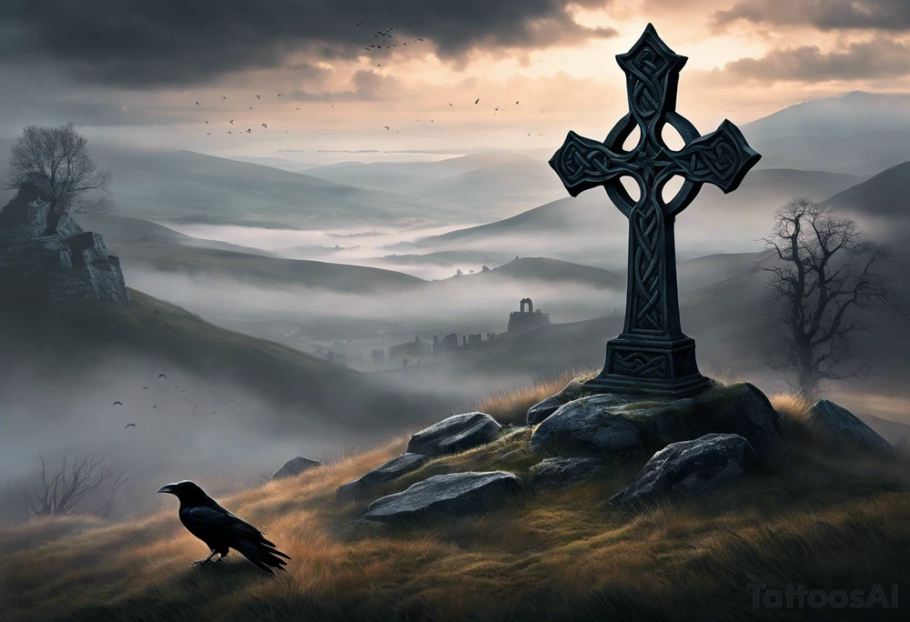A stone Celtic cross solemnly standing atop a hill, a raven perches atop the cross staring out over the desolation. A ruined stone wall lies crumbling near the cross. Mist rolls along the hilltops adding to the melancholic nature of the scene. tattoo idea