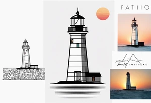 lighthouse very fine line and very delicate tattoo, geometric colored, bit not soo colored. also rough sea close to the lighthouse with a sunset tattoo idea
