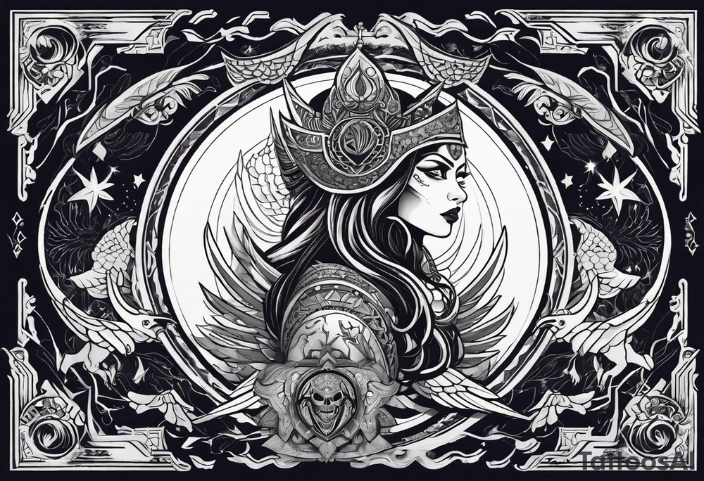 black kali, goddess pirate, alien, angel, pachamama, valkrye, warrior, flying, skull, lotus azul, wing, eagle, zenza resonance, stars, 5D, anahata chakra, death, durga, riding on a tiger, flying lady tattoo idea