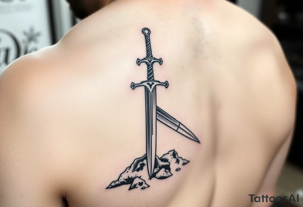 realistic sword in the ground on left arm tattoo idea