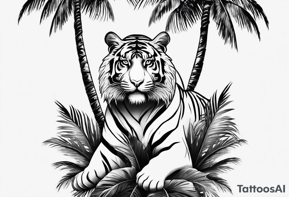 full tiger body climbing palm tree tattoo idea