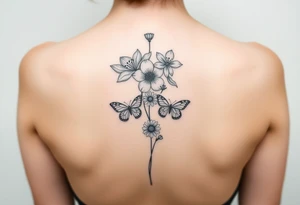 Water lily, honeysuckle, narcissus, violet and a daisy on top of vertical line

Small butterflies tattoo idea