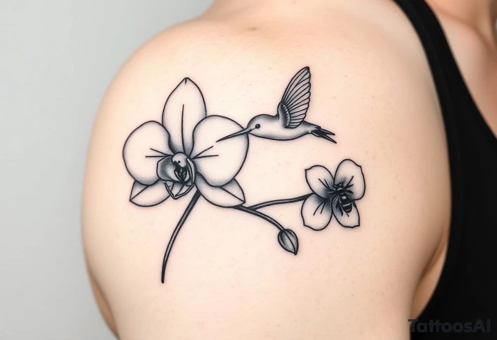 A delicate, black and white fine-line tattoo for male, featuring gracefully detailed 2 orchids in full bloom including their stems, with soft, intricate petals and elegant curves. Beside it, a hummingbird hovers mid-flight, its wings drawn with subtle motion lines, its slender beak reaching toward the orchid’s center to drink its nectar. on the other flower there is a bee that is resting tattoo idea