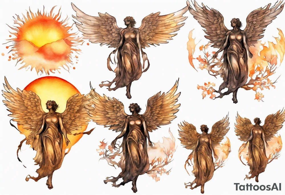 a bronze skinned angel in front of a blazing sun looking down upon a tree tattoo idea
