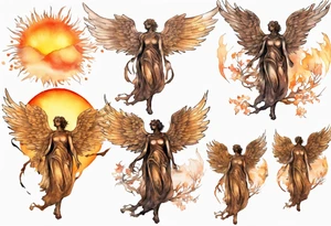 a bronze skinned angel in front of a blazing sun looking down upon a tree tattoo idea