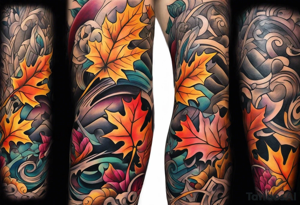 Arm Sleeve Tattoo with fall colors flat tattoo idea