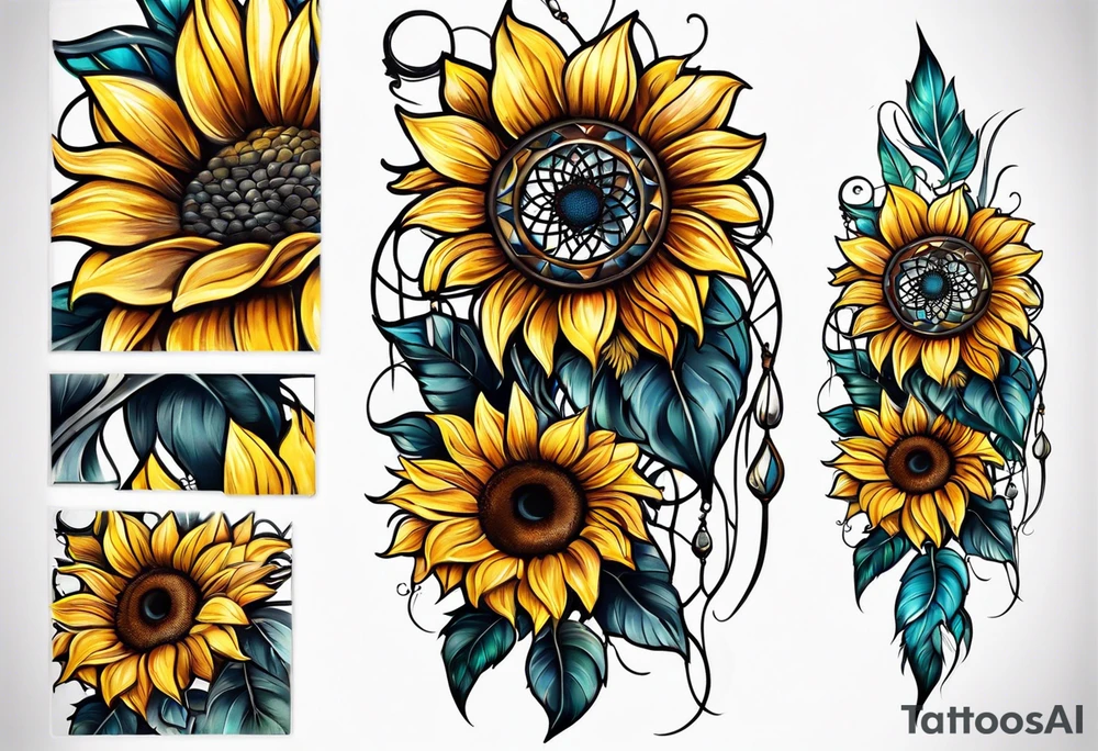 Dreamcatcher and sunflowers forearm sleeve tattoo idea