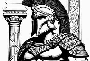 Close up of spartan solider looking left at Ancient pillars tattoo idea