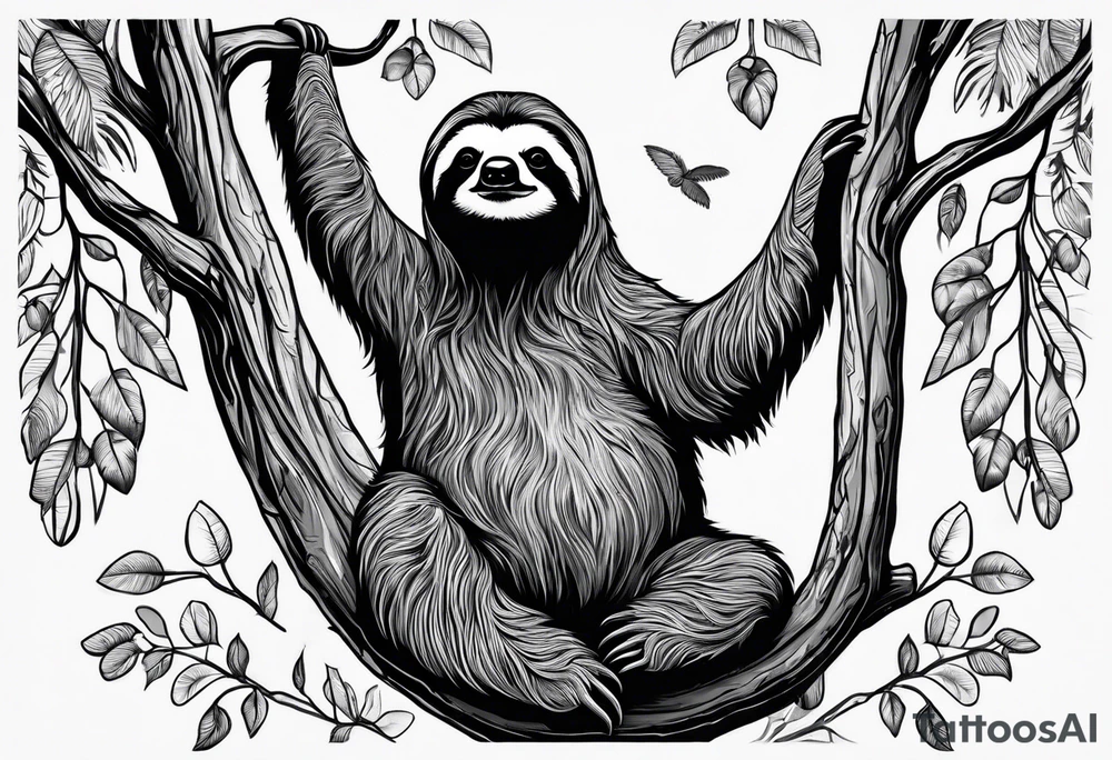 Full body Sloth hanging on a tree tattoo idea