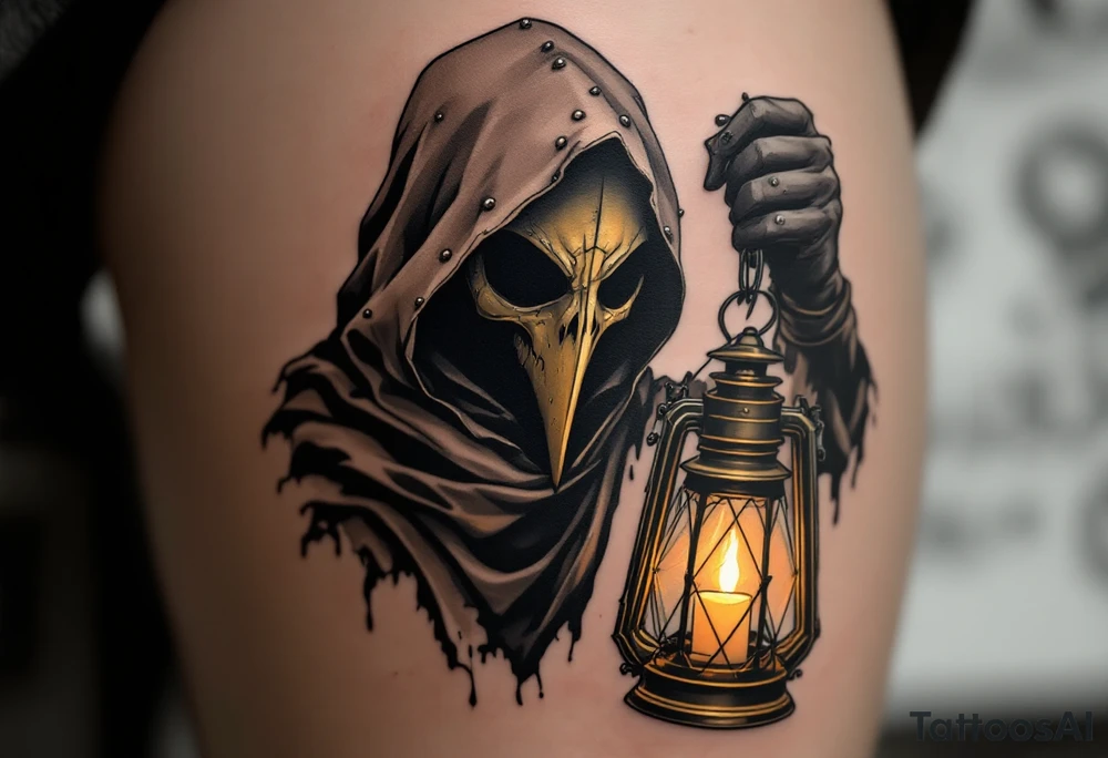 Medieval Plague Doctor with Lantern – A shadowy plague doctor in a worn-out dark brown cloak, holding an old brass lantern with a flickering warm yellow candlelight inside. The beaked mask is deep black with silver rivets. tattoo idea