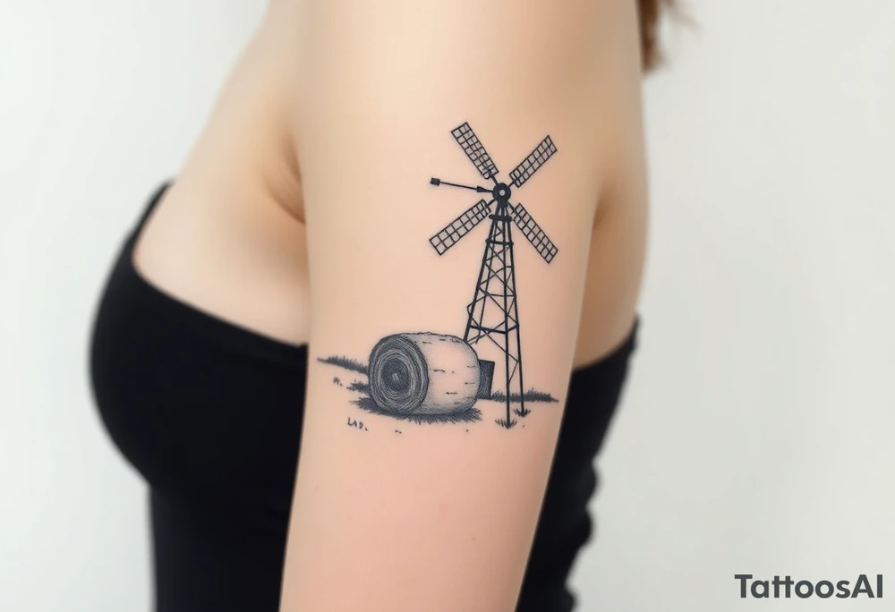 Old American windmill and hay bale tattoo idea