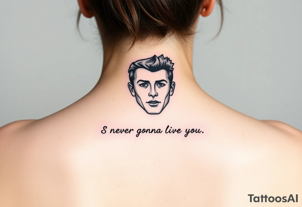 Rick Astley Face and Never Gonna Give You Up text tattoo idea