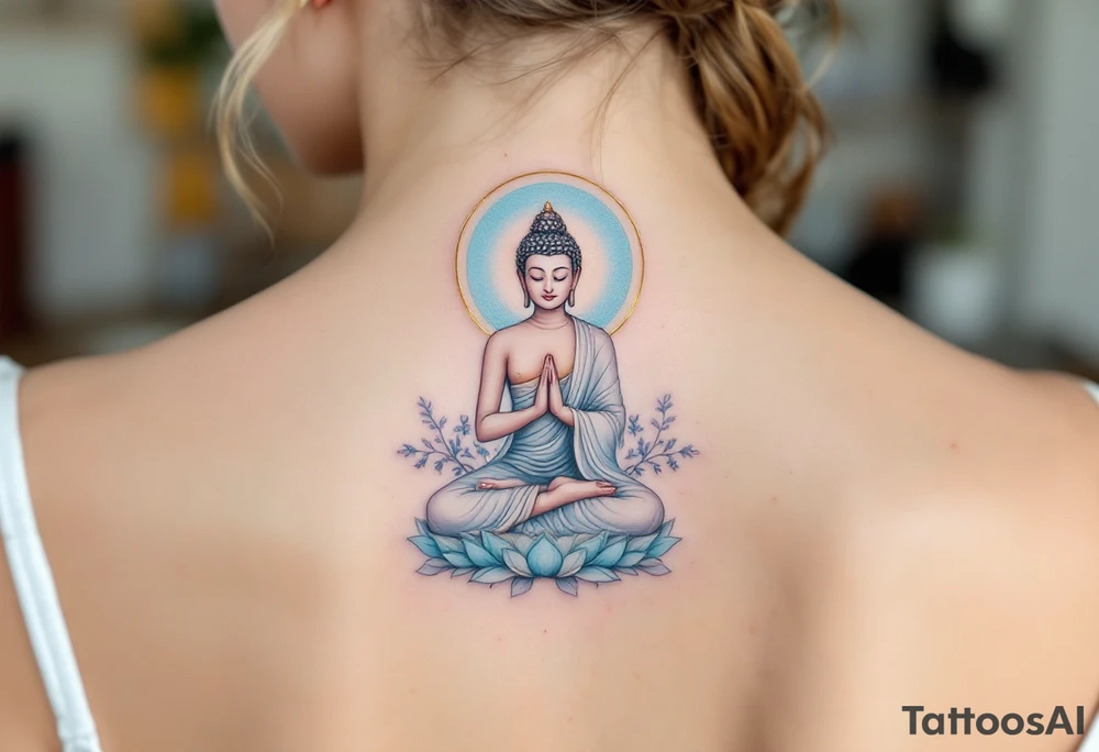 Sitting Buddha with halo in pastel blues and gold, embodying calmness and spiritual awakening. tattoo idea