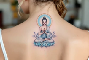 Sitting Buddha with halo in pastel blues and gold, embodying calmness and spiritual awakening. tattoo idea