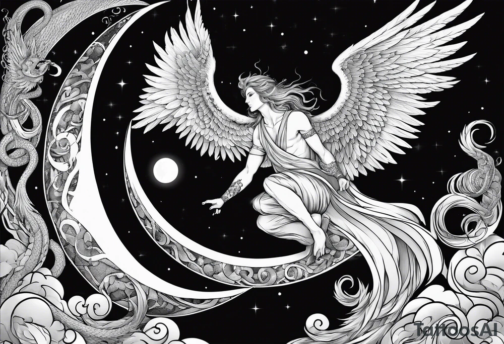 Lucifer (half male angel and half snake) wraps the moon in the sky tattoo idea