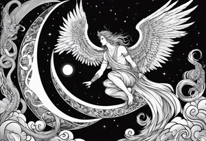 Lucifer (half male angel and half snake) wraps the moon in the sky tattoo idea