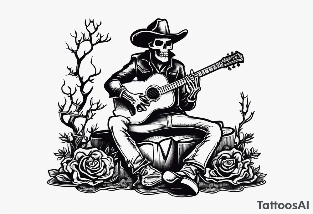 A skeleton with a cowboy hat on playing the guitar while sitting on a gravestone engraved with the words "Still Kickin'" and a pair of cowboy boots tattoo idea