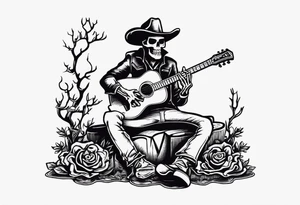 A skeleton with a cowboy hat on playing the guitar while sitting on a gravestone engraved with the words "Still Kickin'" and a pair of cowboy boots tattoo idea