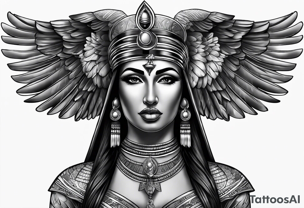 full body 
black and gray photo realistic goddess isis tattoo idea