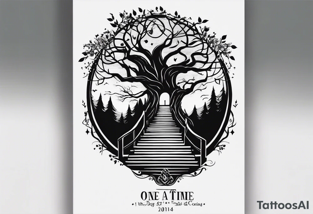 tattoo for the back: in a line, there is a tree with the roots like stairs, where a dragon is coming up, as well somewhere there are some wings, and the words "One day at a time" with the date 4.14.24 tattoo idea