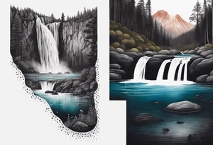 waterfall going into a river with a camp site in Australia tattoo idea