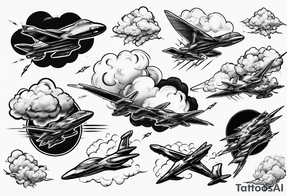 jet fly through big clouds and thunder tattoo idea